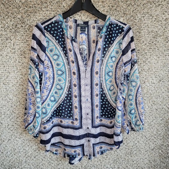 Lucky Brand Tops - Lucky Brand Top Womens Small Oversized Blue Sheer Printed Hi Low‎ Blouse